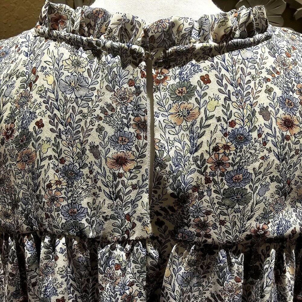Babydoll Floral Top  L Cottagecore Smocked Yoked Fluttered Sleeved Gardencore - Picture 5 of 8